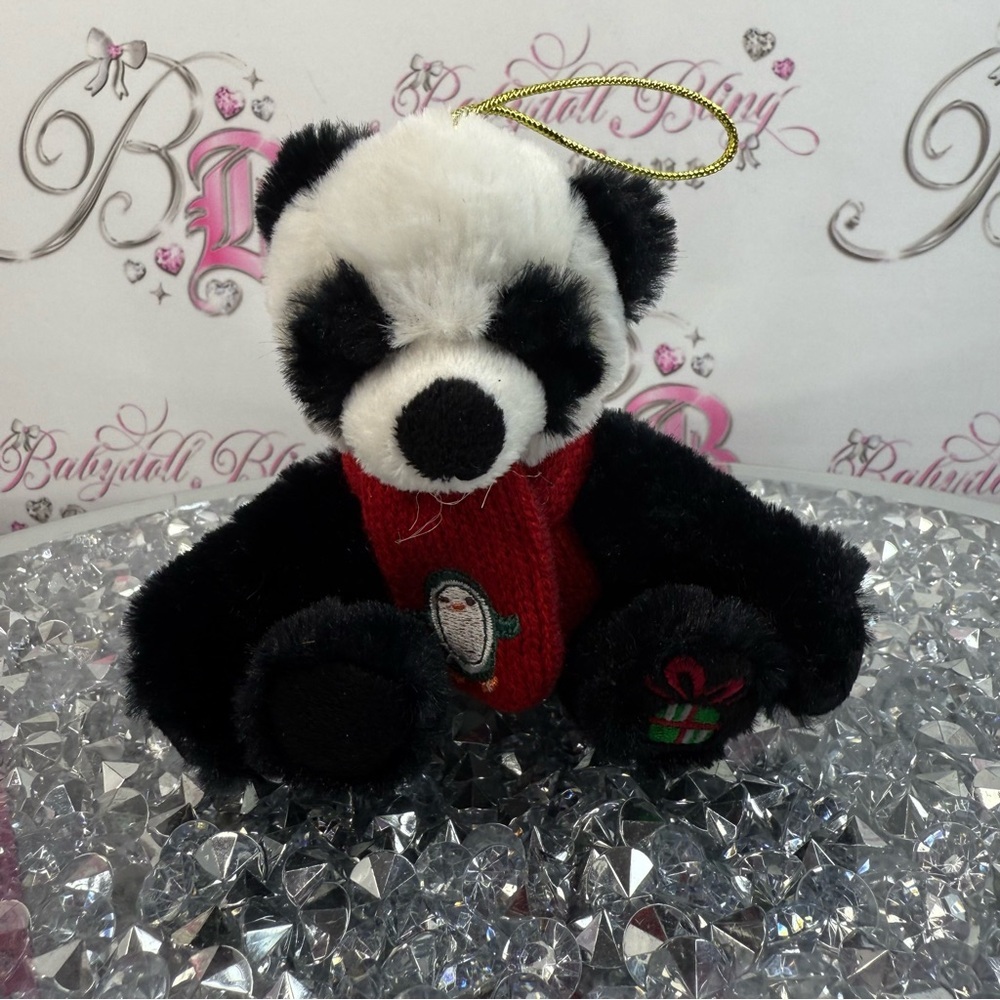 Ornament vintage Plush Panda Bear Ornament in Black & White with Red Sweater